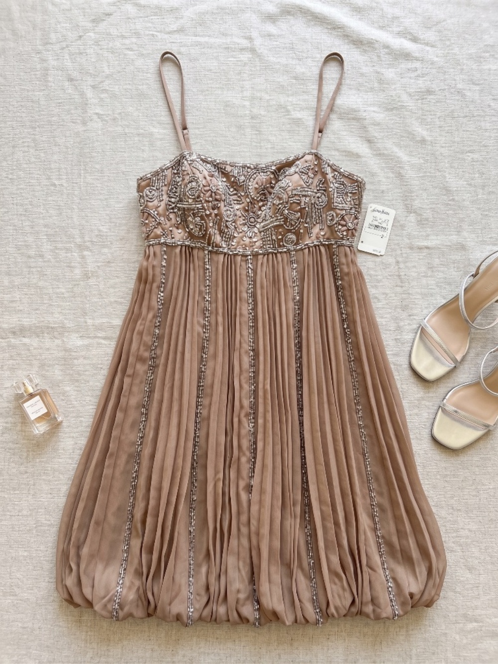 Sue Wong Nocturne Beaded Empire Pleated Bubble Hem Cocktail Dress 2 NWT / Flaw*
